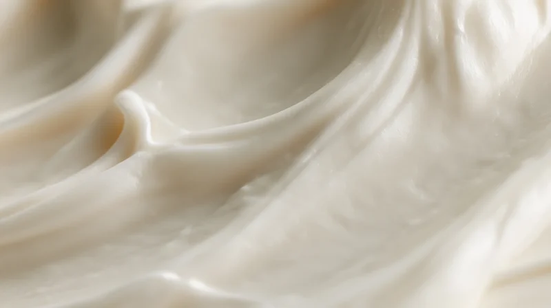 Closeup of white cream frosting in smooth swirls with glossy texture