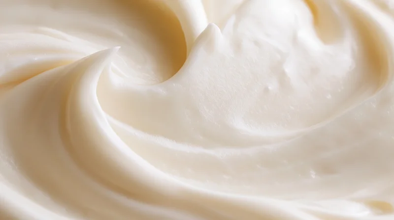 Closeup of white whipped cream swirl with smooth glossy texture isolated on plain background