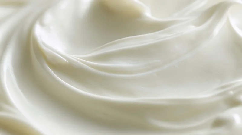 Close-up of smooth white cream in swirling pattern filling the frame