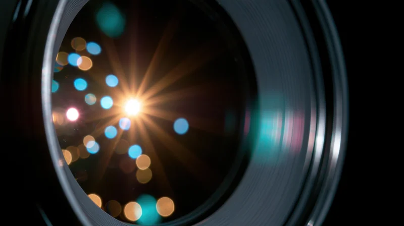 Close-up of a camera lens showing light flare and bokeh effect against a dark background