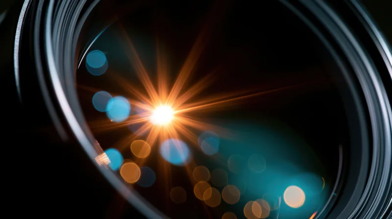 Closeup of camera lens showing light flare and bokeh effect with warm and cool tones
