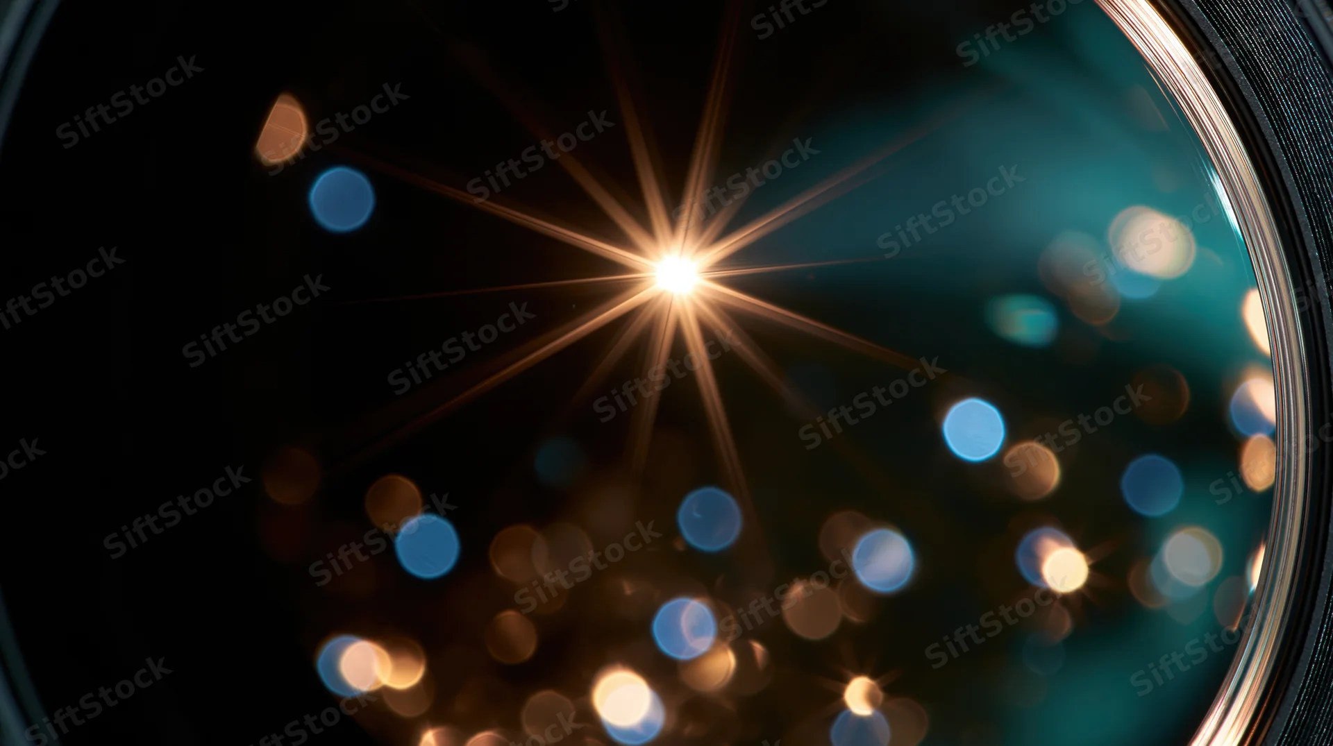 Close-up of a camera lens showing starburst light flare and colorful bokeh against a dark background