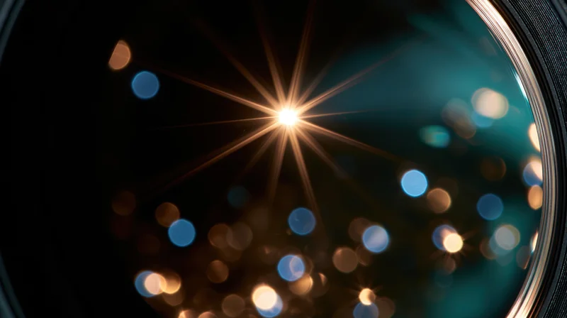 Close-up of a camera lens showing starburst light flare and colorful bokeh against a dark background