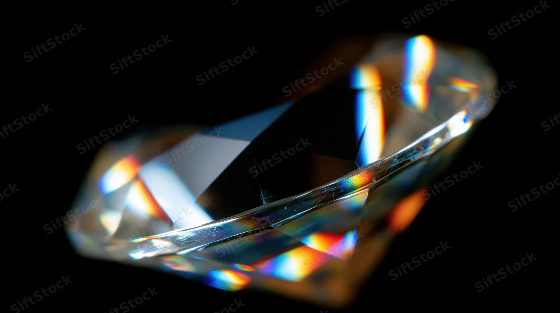 A faceted diamond sparkling with rainbow refraction against a black background
