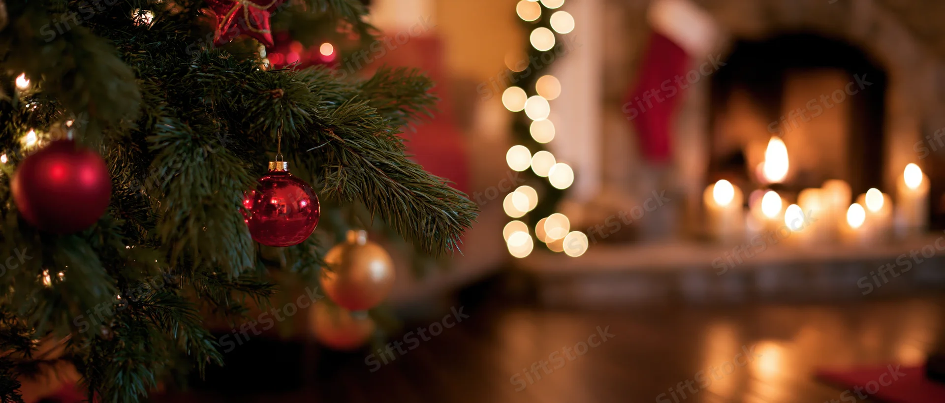 Christmas tree with red and gold ornaments near a lit fireplace in a cozy living room interior