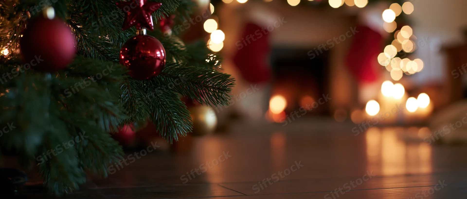 Christmas tree decorated with red ornaments and lights near a fireplace in a cozy living room interior