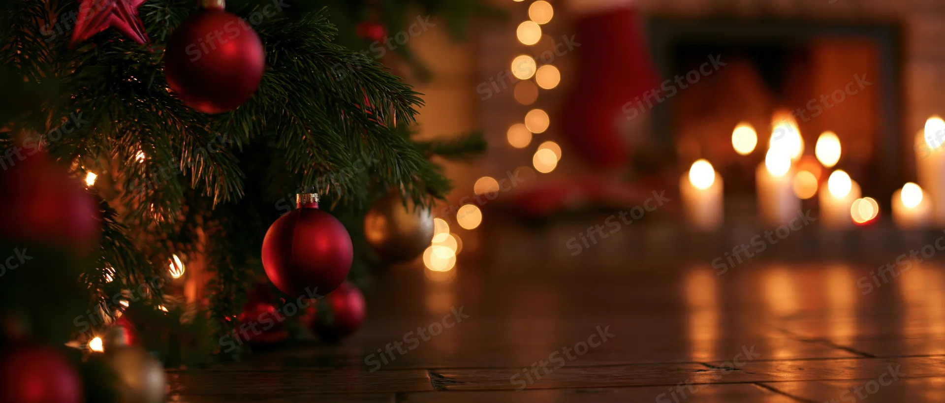 Christmas tree decorated with red and gold ornaments near a fireplace with candles and stockings on the mantel