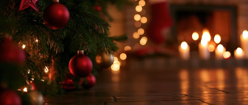 Christmas tree decorated with red and gold ornaments near a fireplace with candles and stockings on the mantel