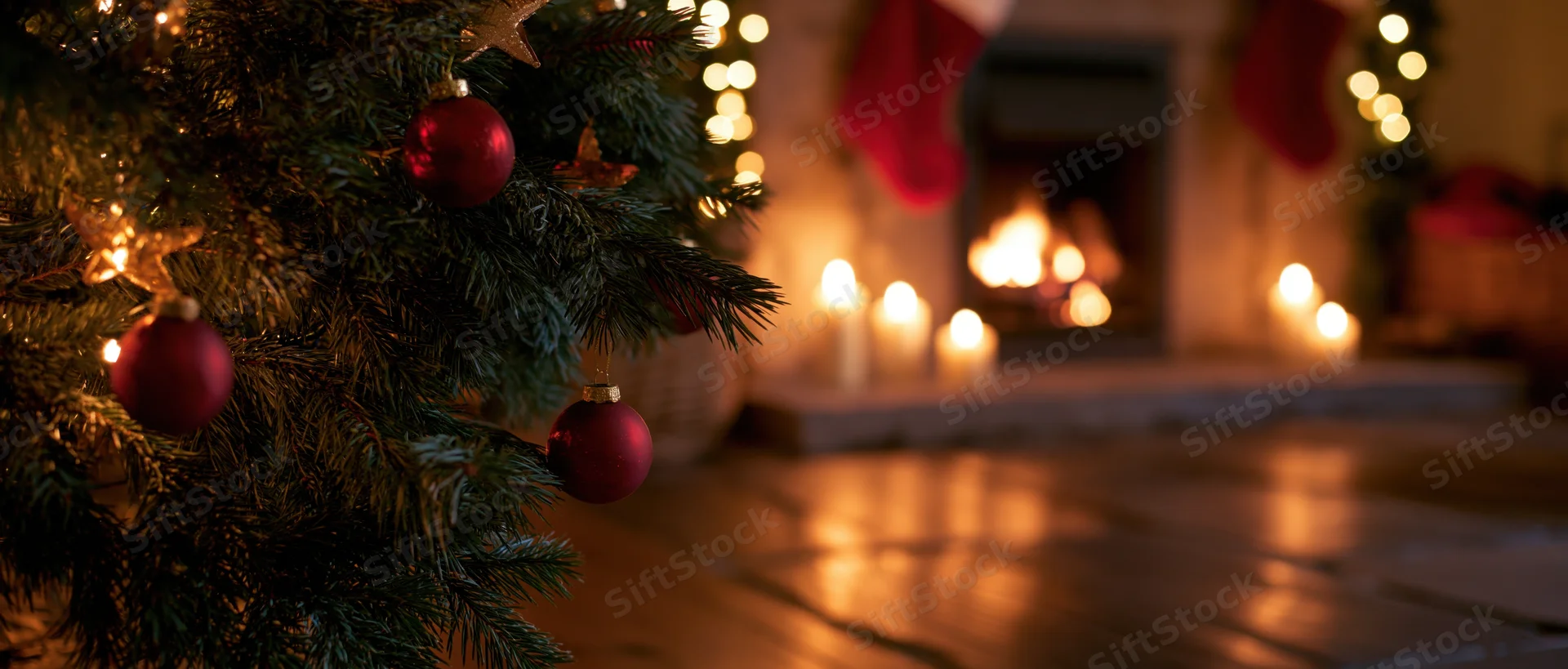 Decorated christmas tree with red ornaments near a lit fireplace in a cozy living room interior