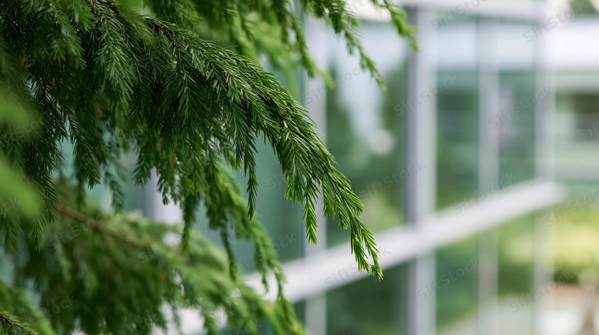 Evergreen branch with needle foliage in front of a modern glass building exterior