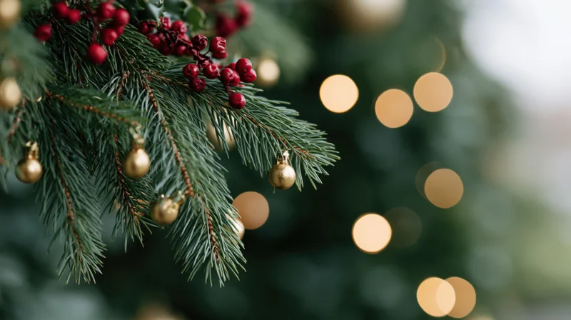 Christmas tree branch decorated with gold baubles and red berries, blurred lights in background