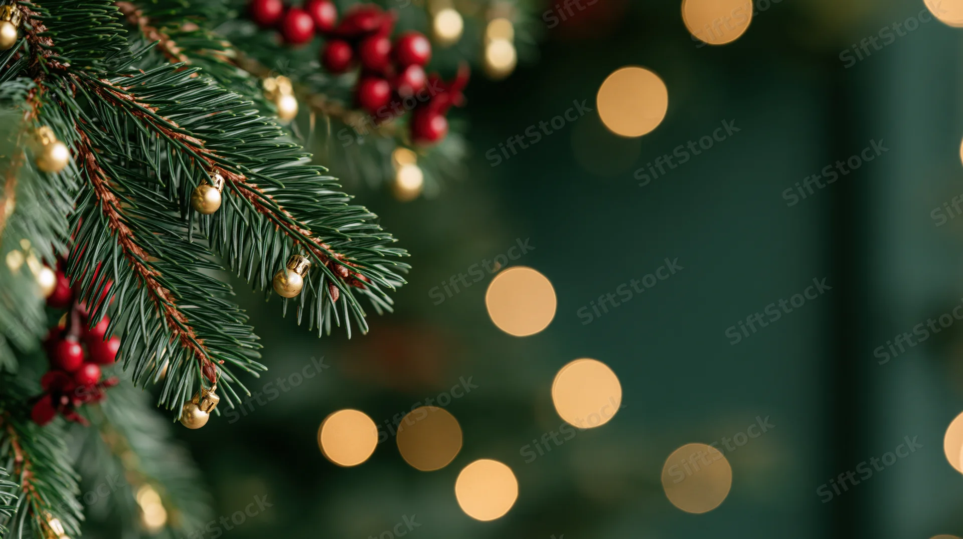 Pine branch decorated with red berries and gold ornaments against blurred warm lights