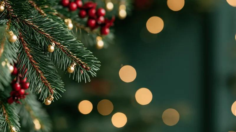Pine branch decorated with red berries and gold ornaments against blurred warm lights