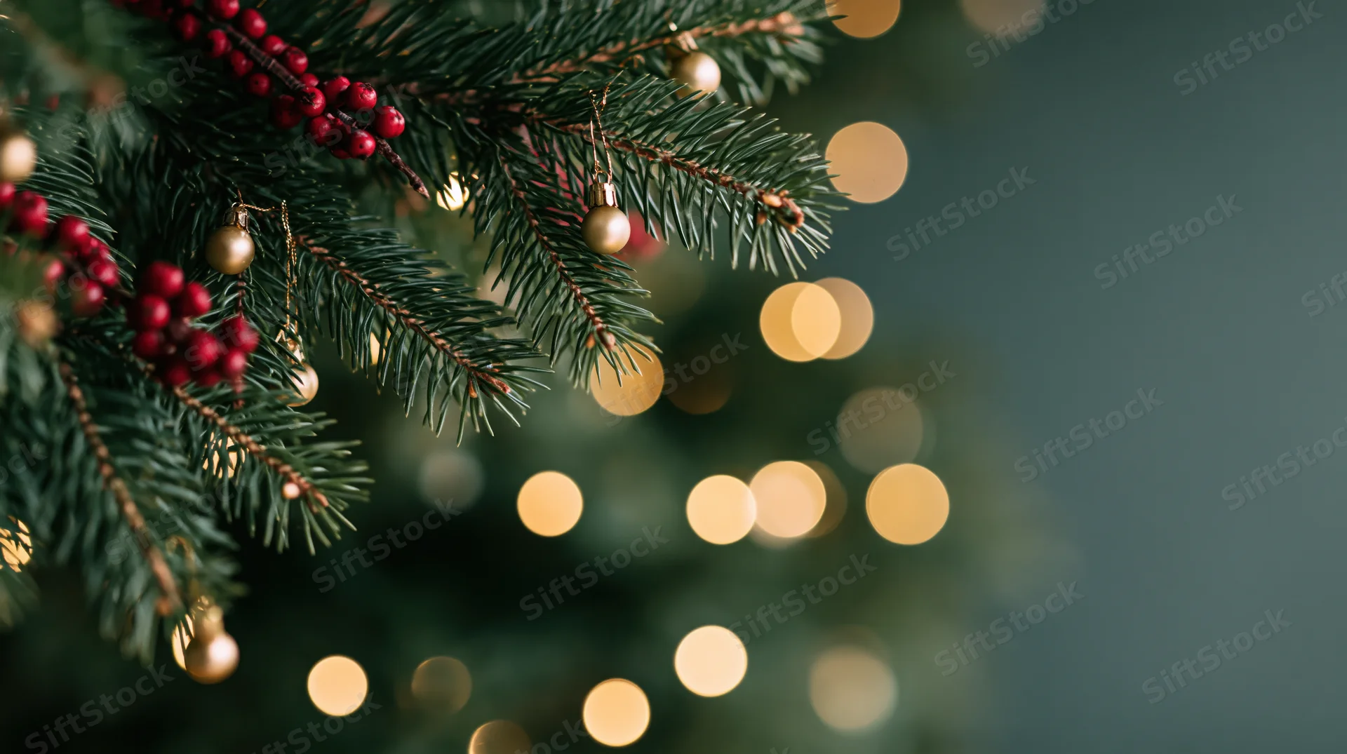 Christmas tree branch decorated with red berries and gold ornaments against warm bokeh lights in background