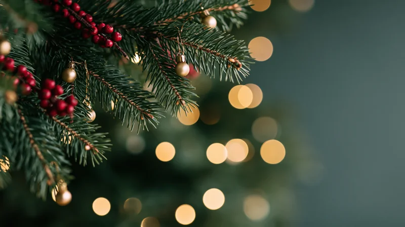 Christmas tree branch decorated with red berries and gold ornaments against warm bokeh lights in background