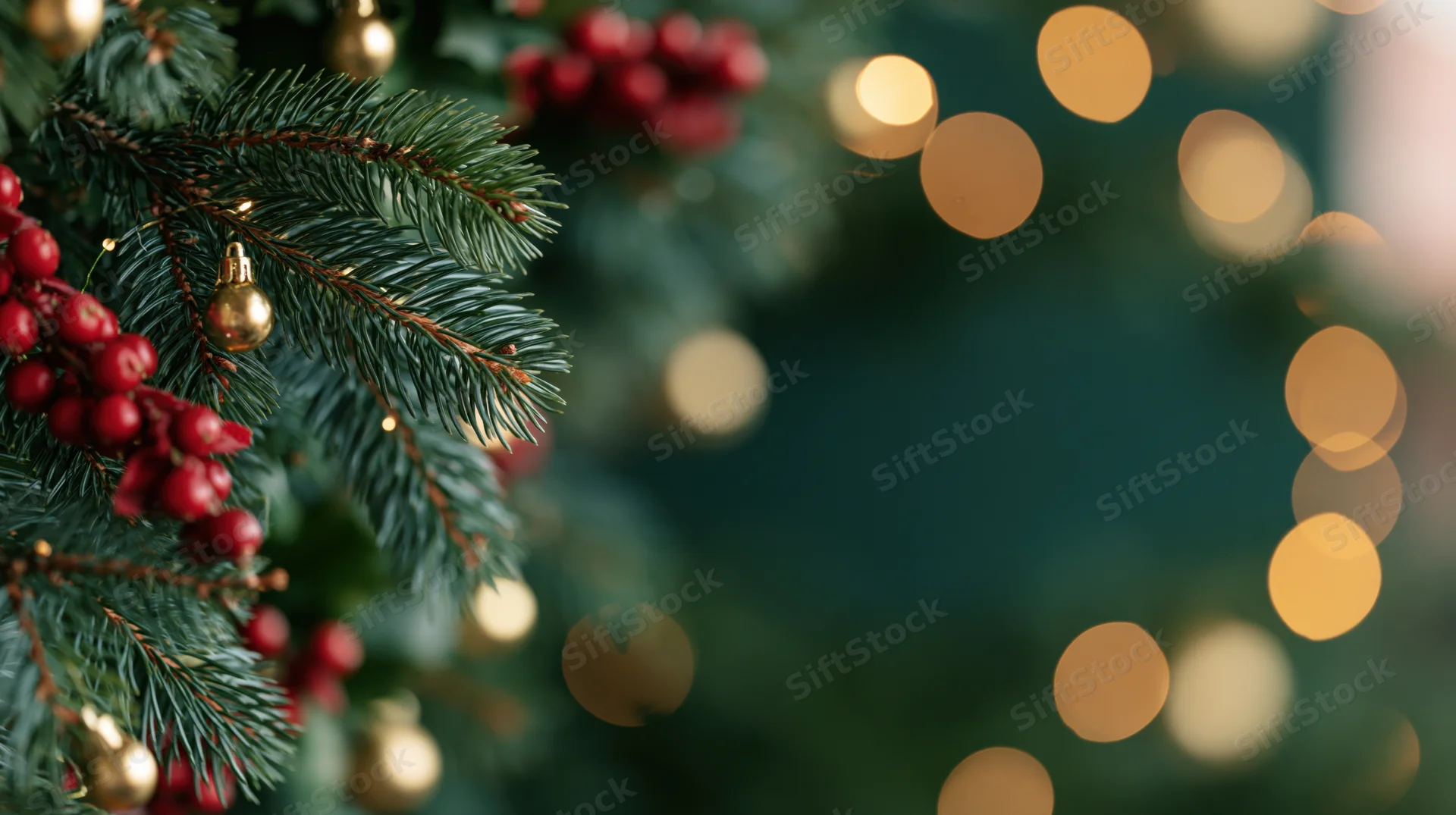 Christmas tree branches decorated with red berries and gold ornaments, blurred lights in background