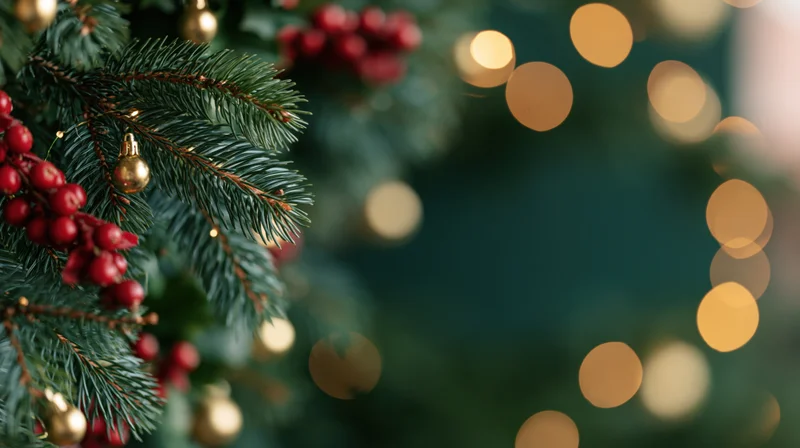 Christmas tree branches decorated with red berries and gold ornaments, blurred lights in background