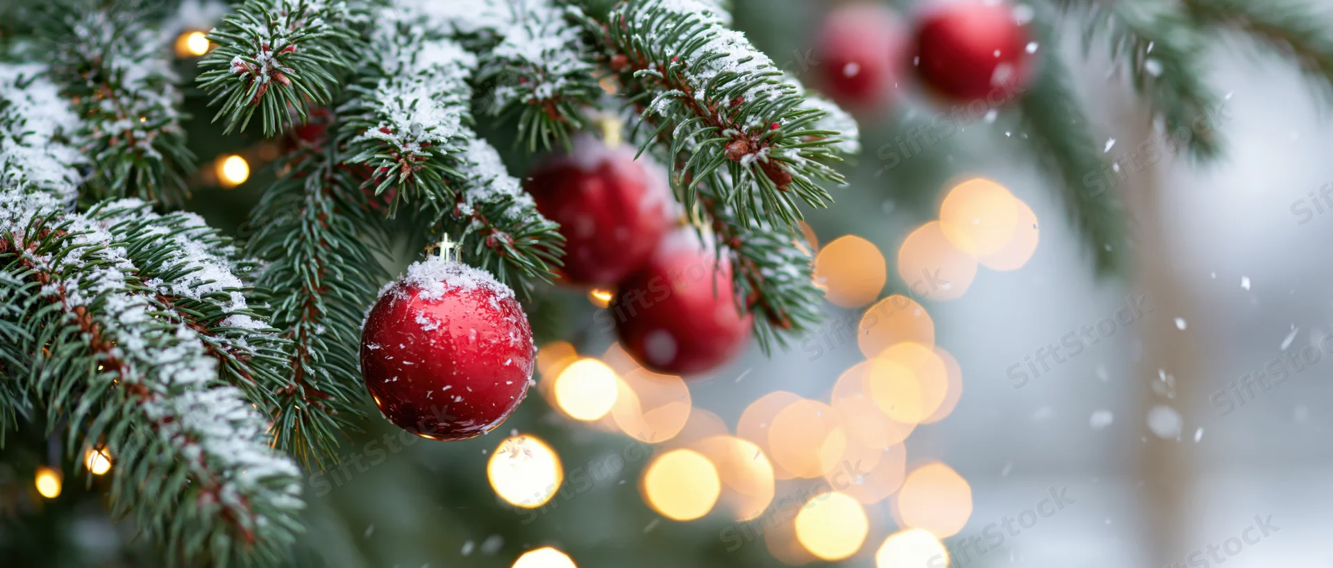 Snow-covered pine branches with red ornaments and warm bokeh lights in the background
