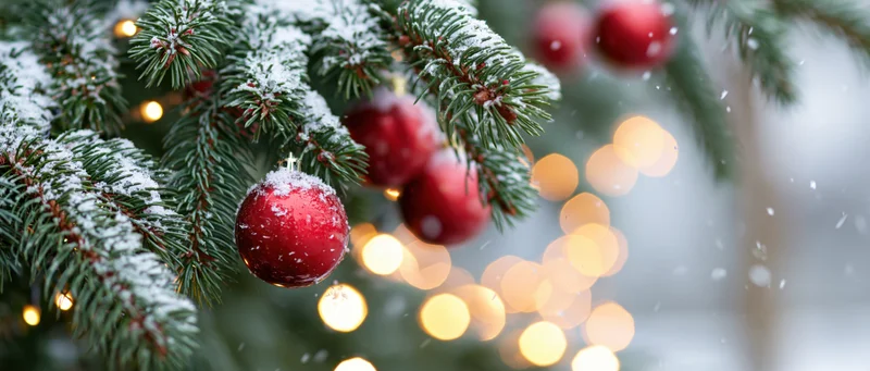 Snow-covered pine branches with red ornaments and warm bokeh lights in the background