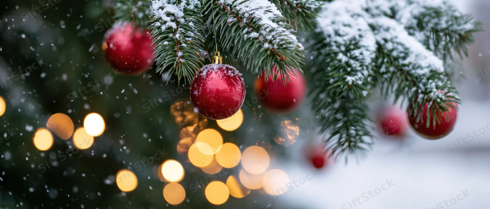 Snow-covered pine branches with red ornaments and blurred golden lights in winter setting