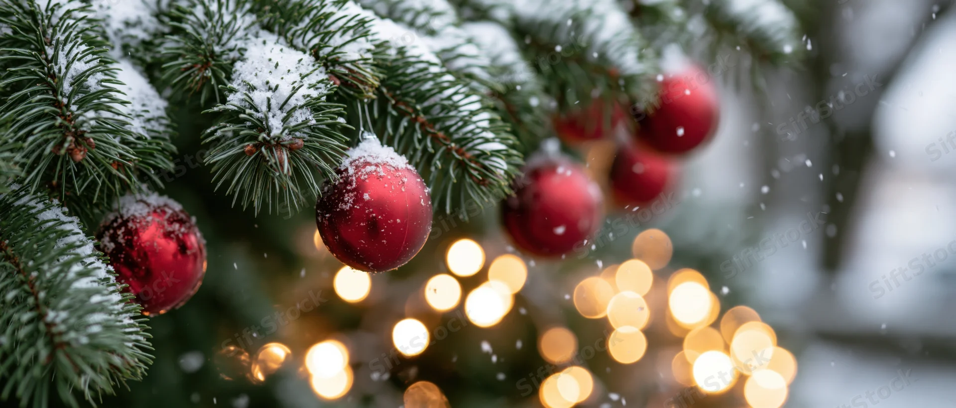 Snow-covered pine tree branches with red ornaments and blurred warm lights in background