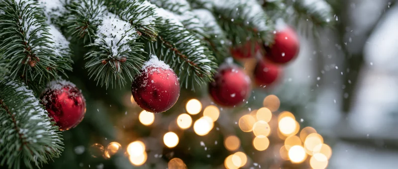 Snow-covered pine tree branches with red ornaments and blurred warm lights in background