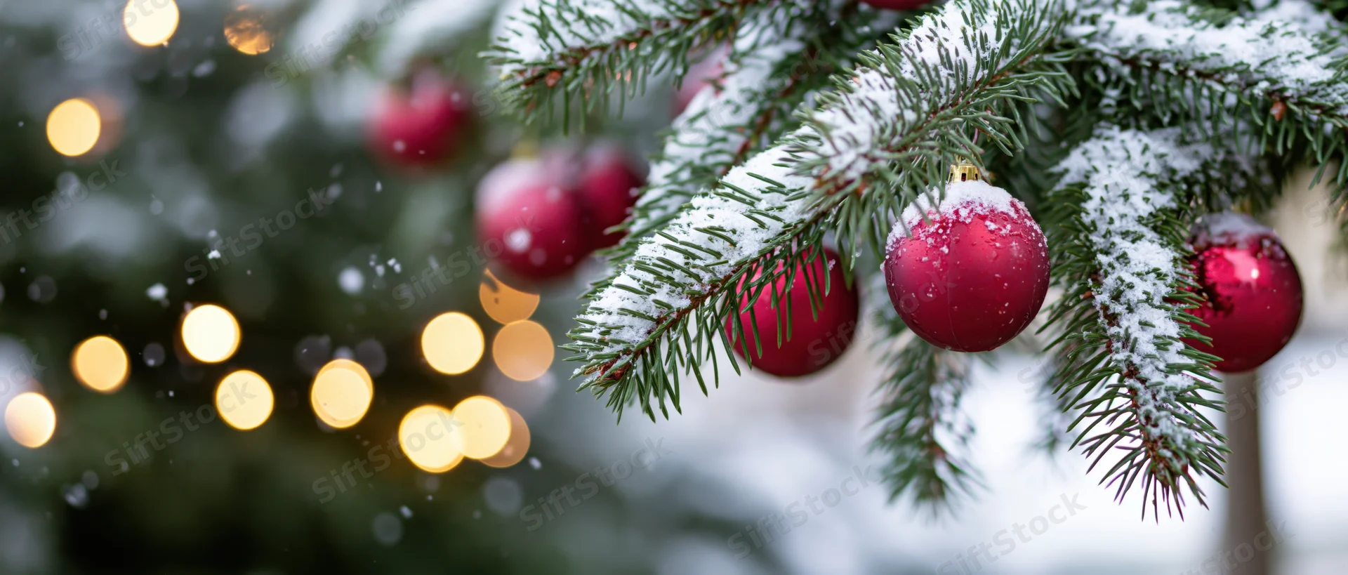 Snow-covered pine branch with red ornaments and blurred holiday lights in background