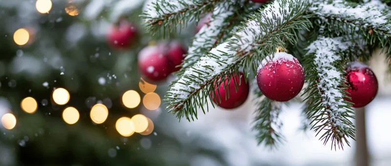 Snow-covered pine branch with red ornaments and blurred holiday lights in background