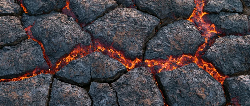Molten lava flowing through cracks in cooled volcanic rock
