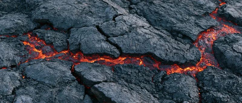 Molten lava flowing through cracks in cooled volcanic rock