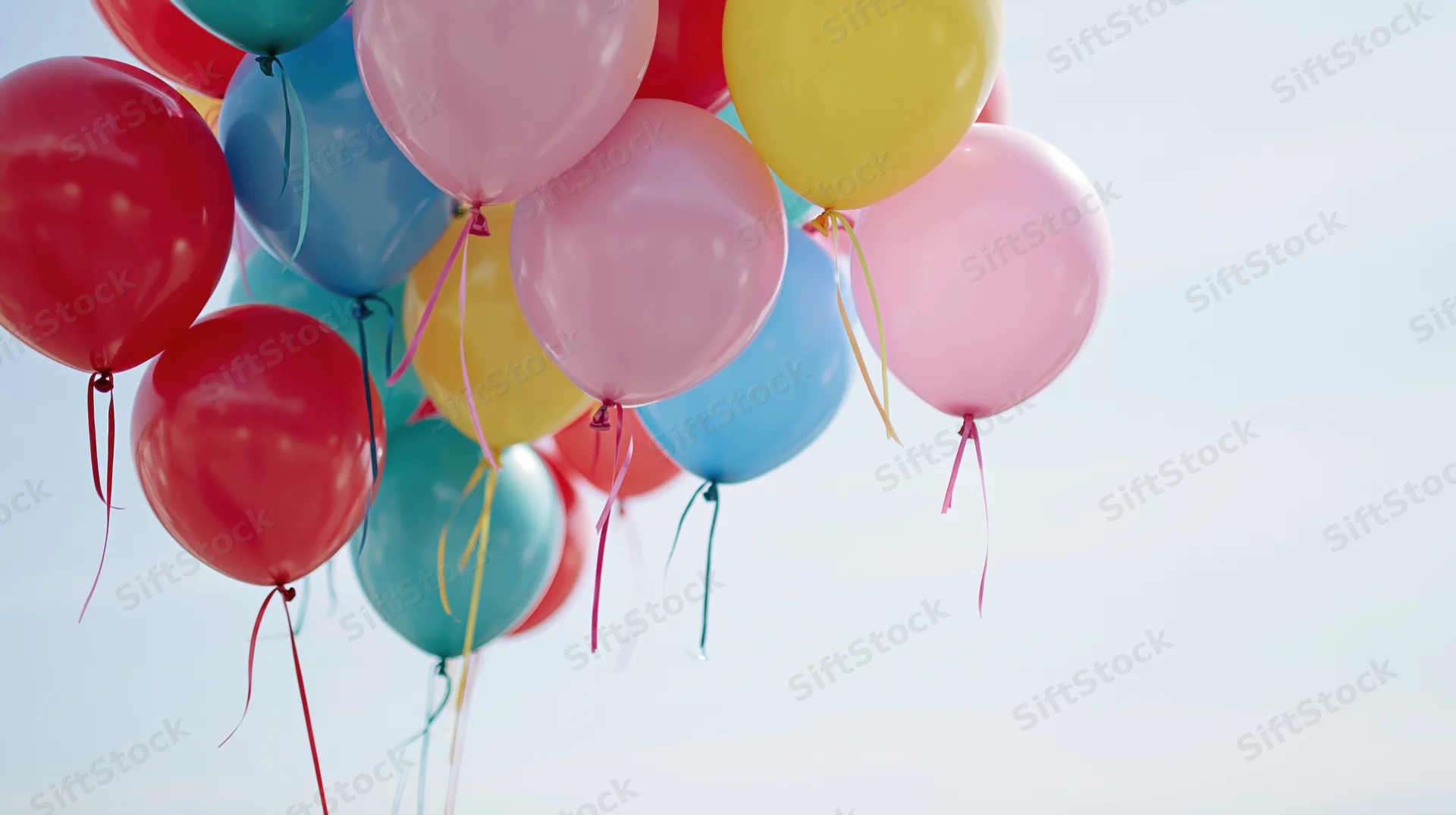 Cluster of colorful balloons floating in the sky against a clear background