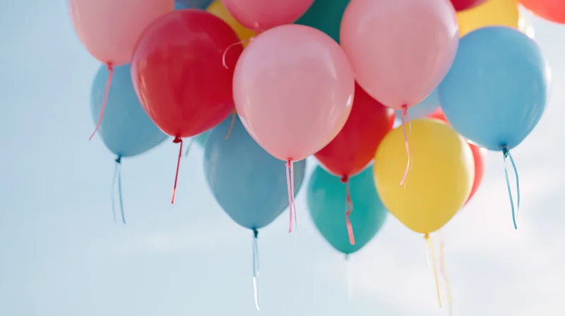 Colorful balloons floating in the sky against a bright background