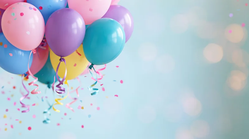 Colorful balloons floating with confetti and streamers against a soft bokeh background with copyspace