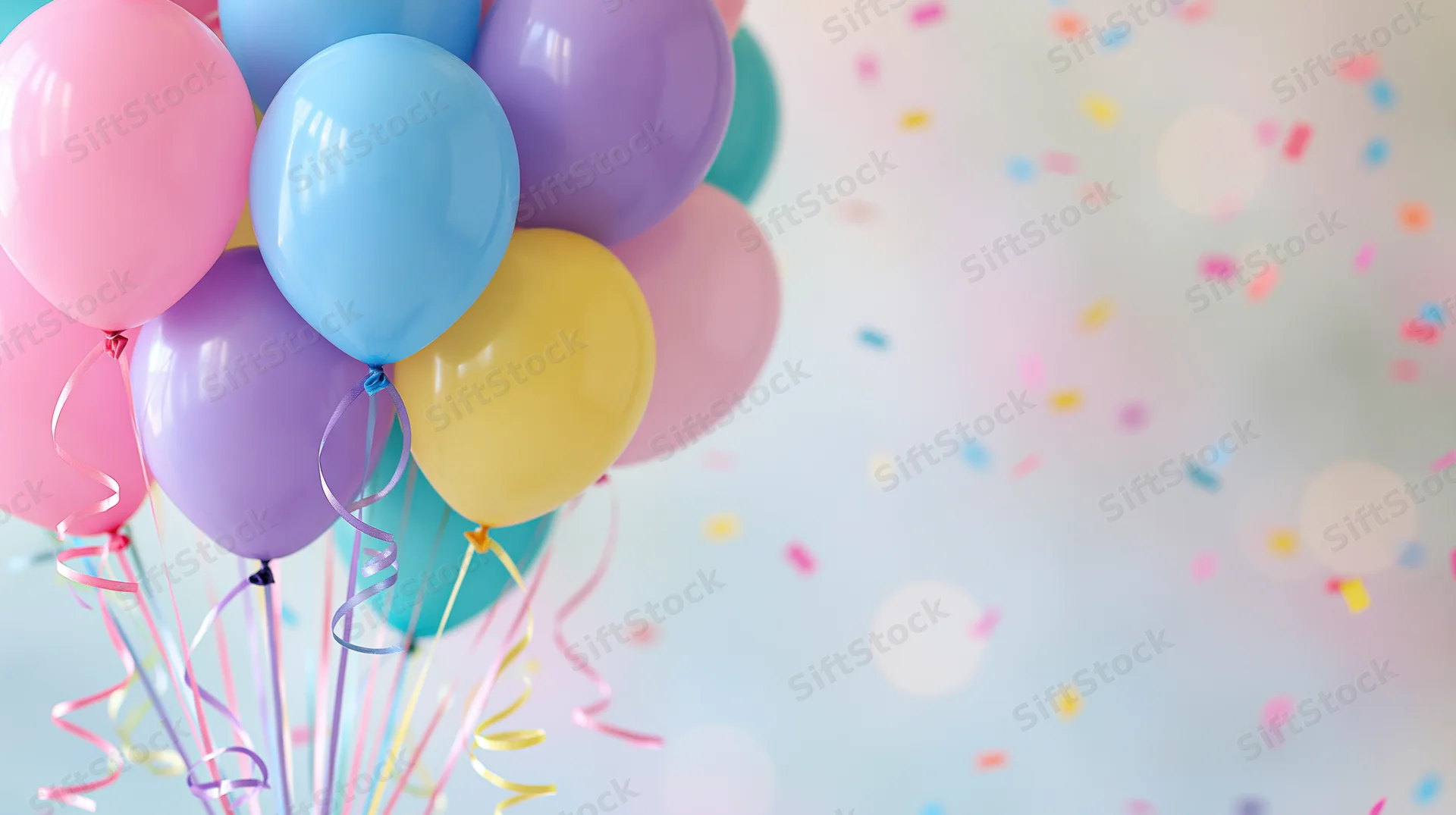 Cluster of colorful balloons with ribbons and confetti in the background