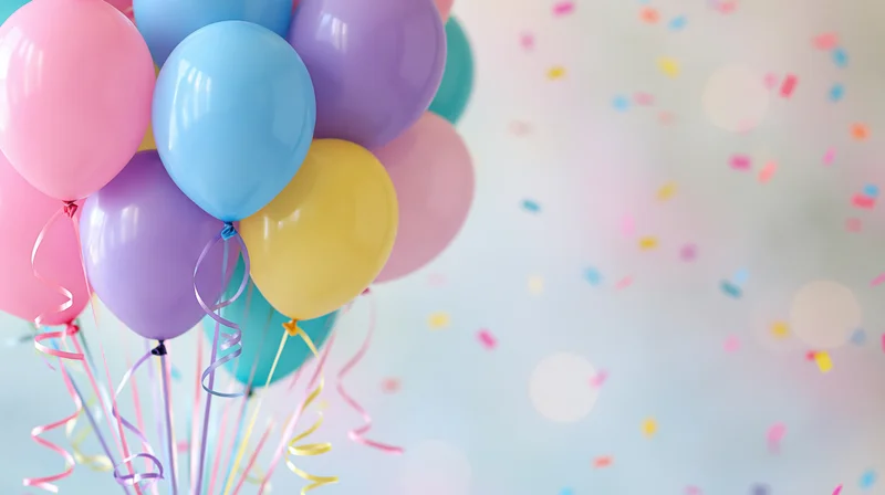Cluster of colorful balloons with ribbons and confetti in the background