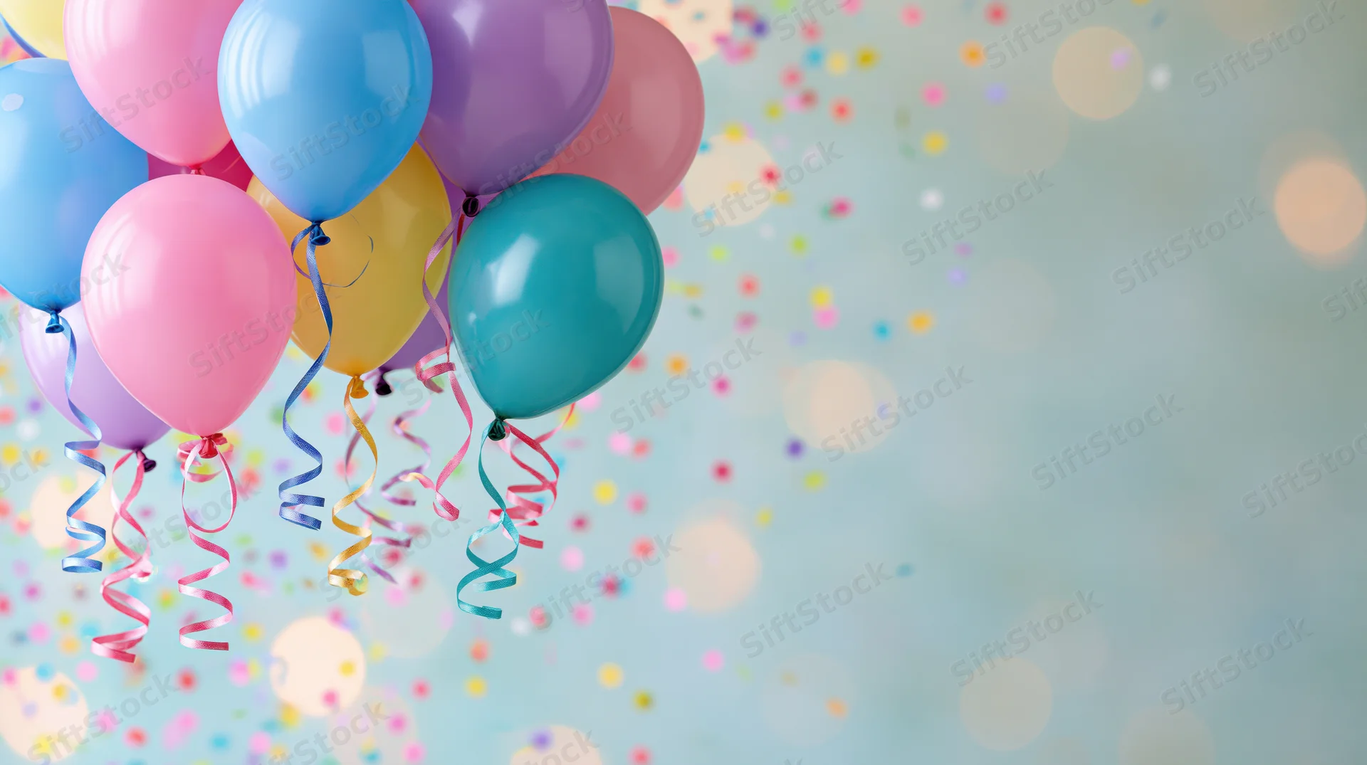 Colorful balloons with ribbons and confetti floating against a soft bokeh background with copyspace
