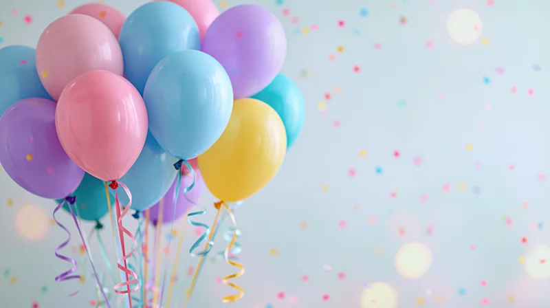 Cluster of colorful balloons with streamers floating against a soft bokeh background with confetti