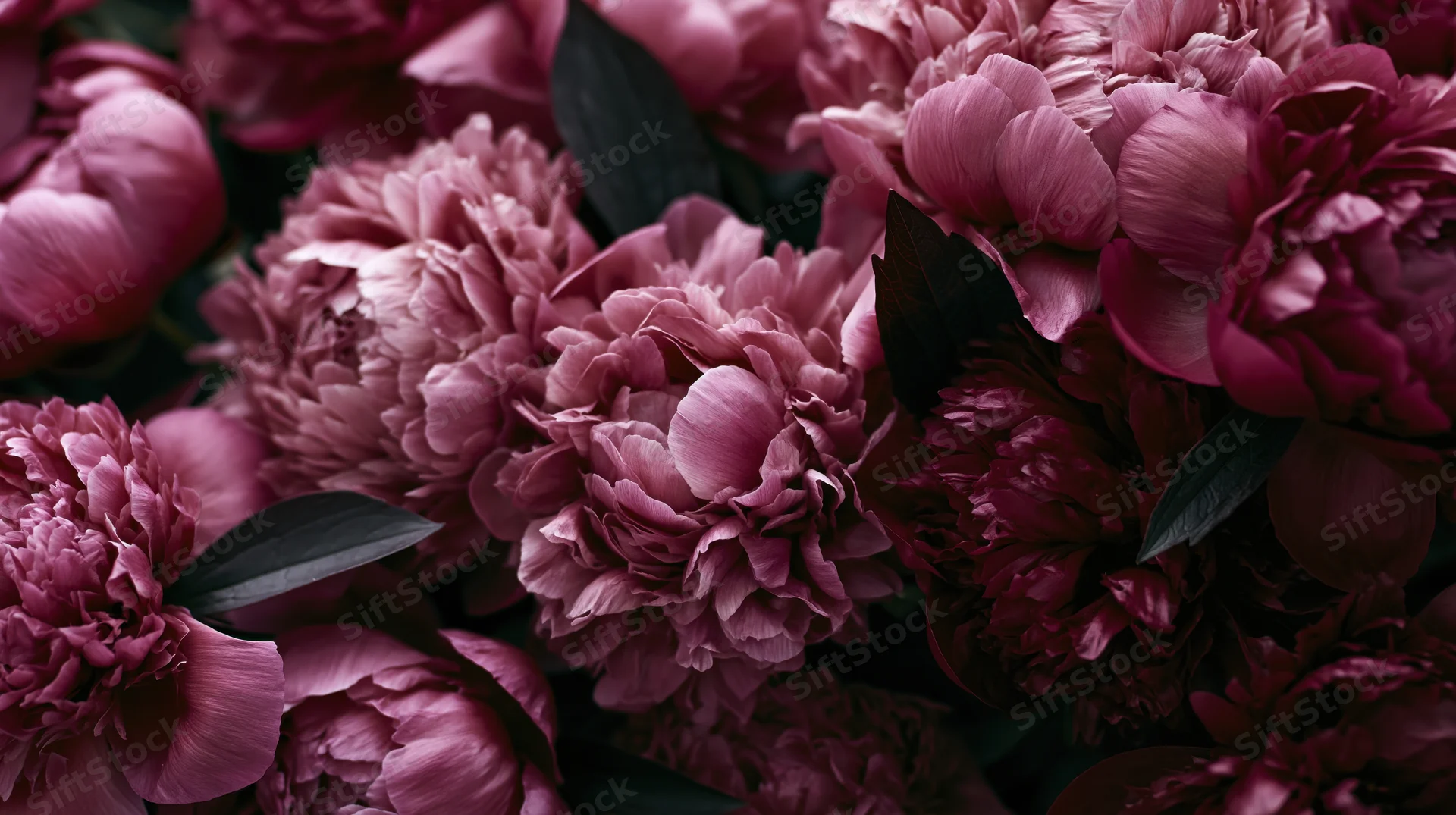 Closeup of lush pink peonies with dark green leaves in a dense floral arrangement