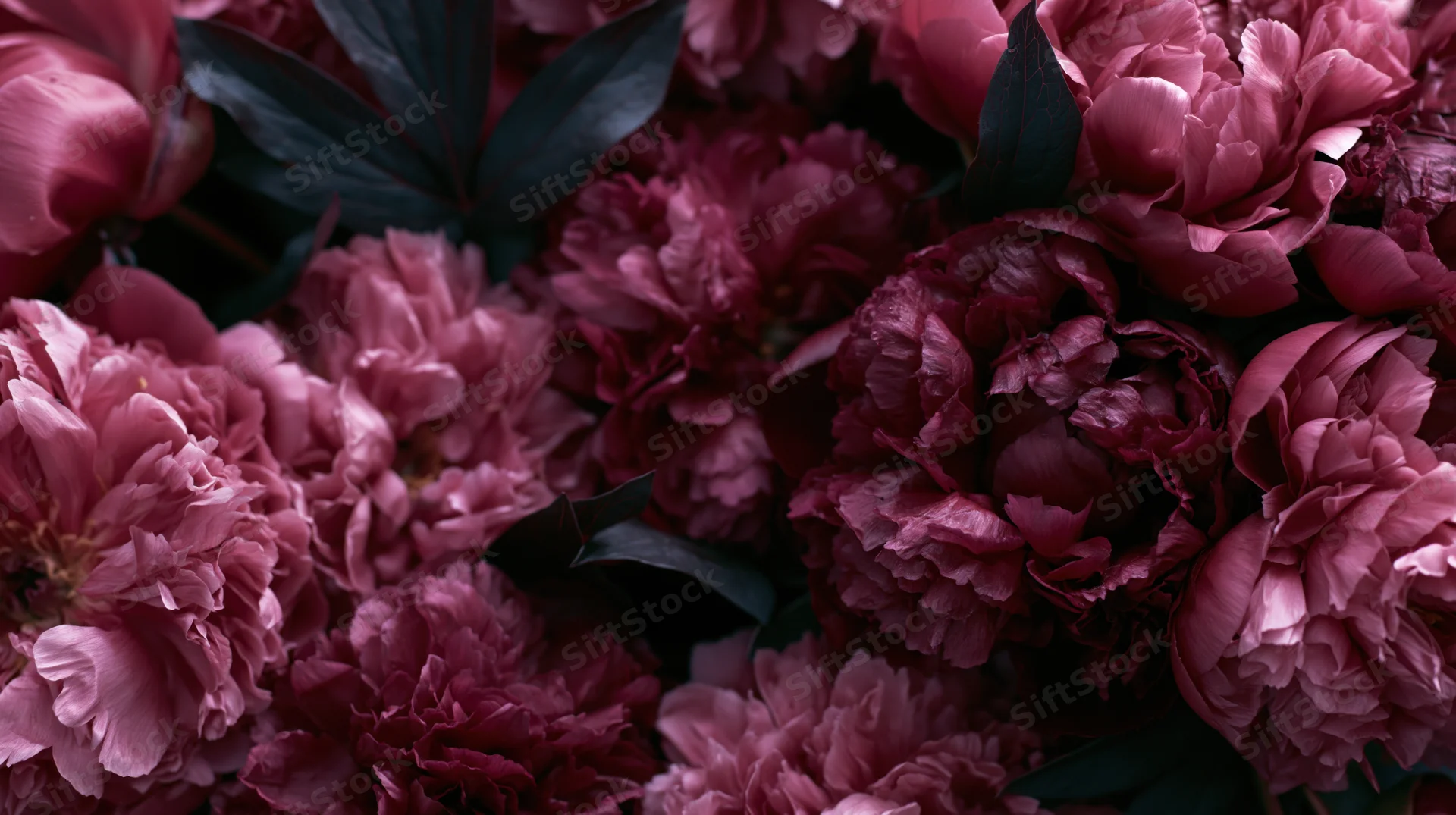 Closeup of pink and burgundy peonies arranged in a dense floral bouquet with dark green leaves