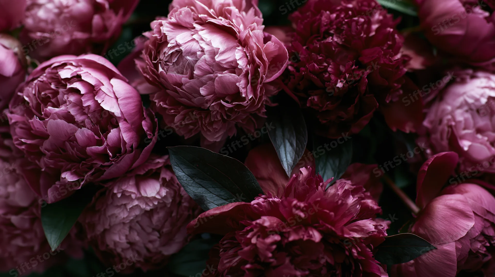 Closeup of blooming peonies in shades of pink and burgundy with dark green leaves in a floral bouquet