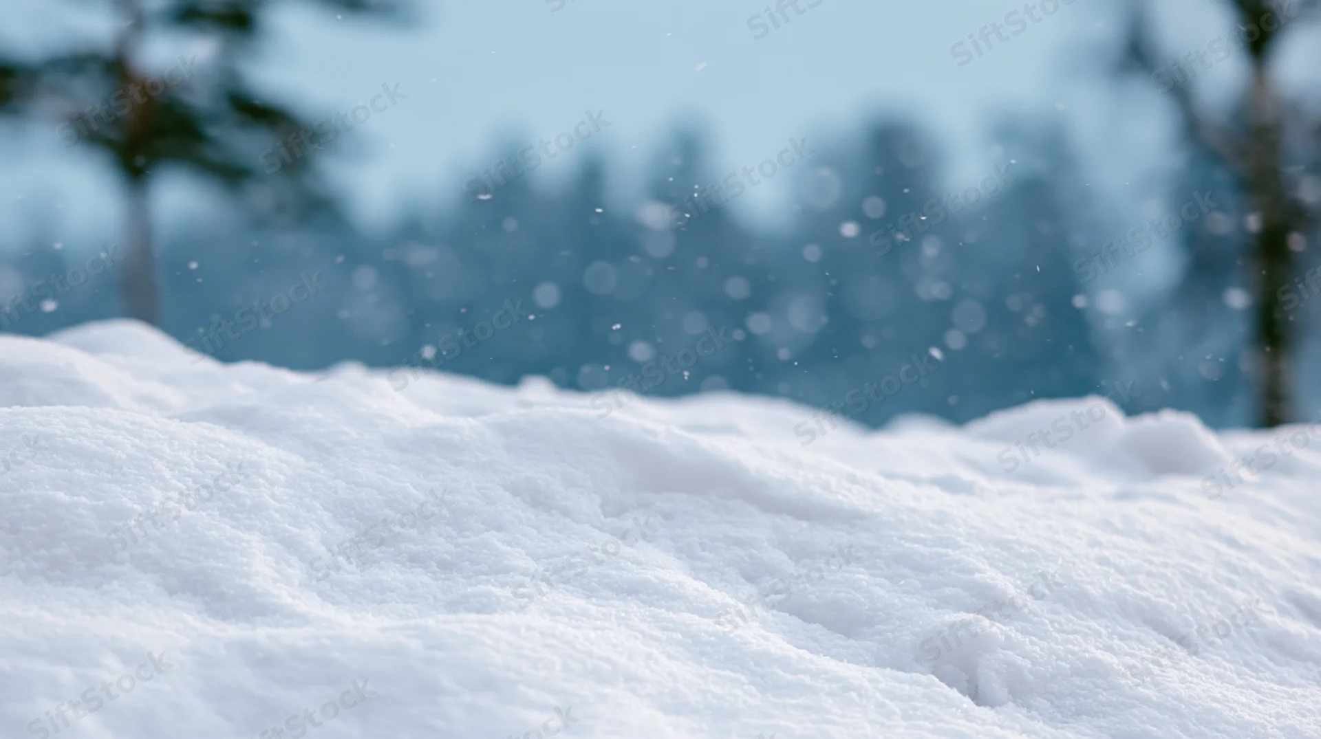 Snow-covered ground with falling flakes in a winter forest landscape
