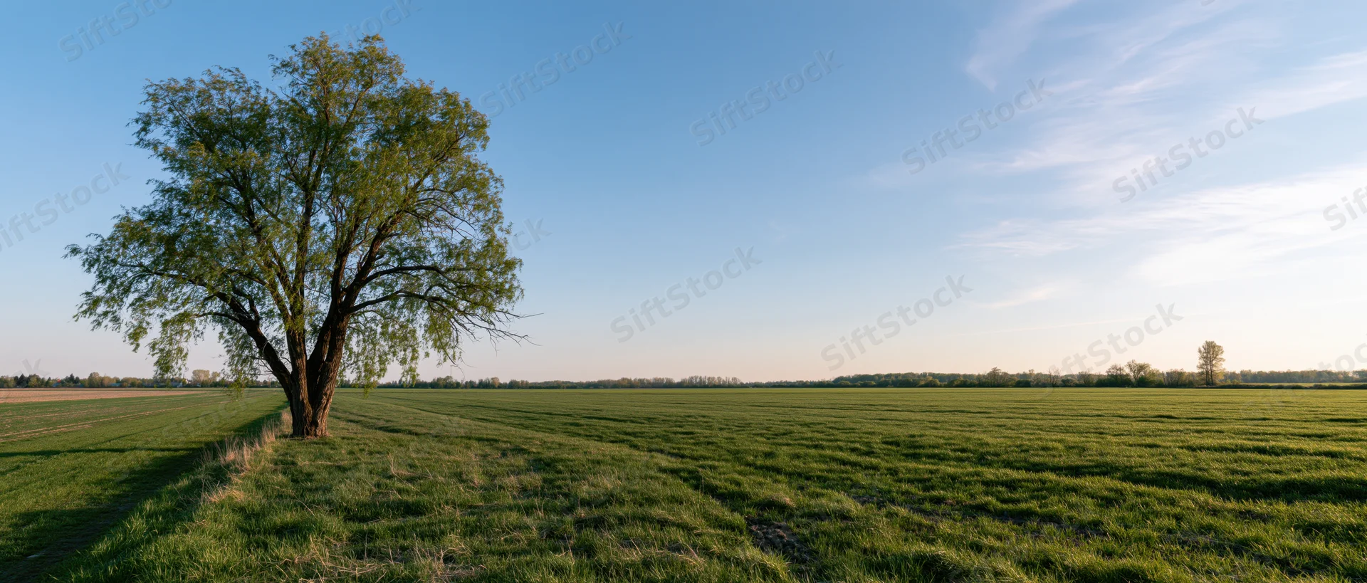 Solitary willow tree standing in a vast green field under a clear blue sky