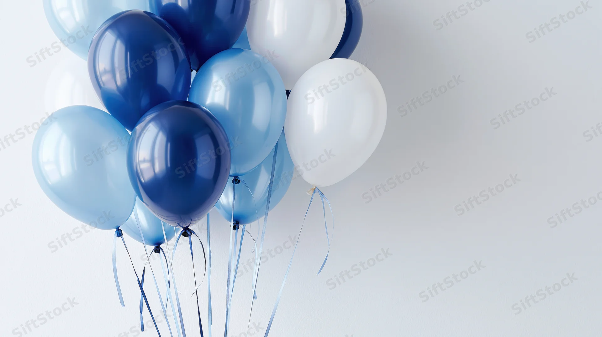 Cluster of blue and white balloons floating against a plain background with copyspace