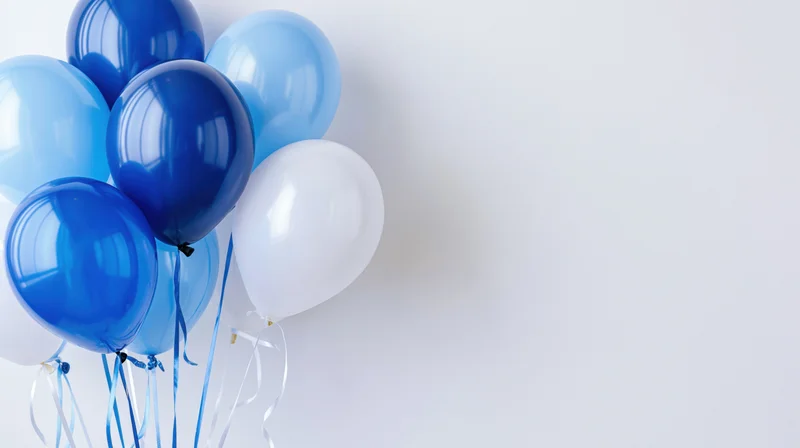 Cluster of blue and white balloons floating against a plain white background with copyspace