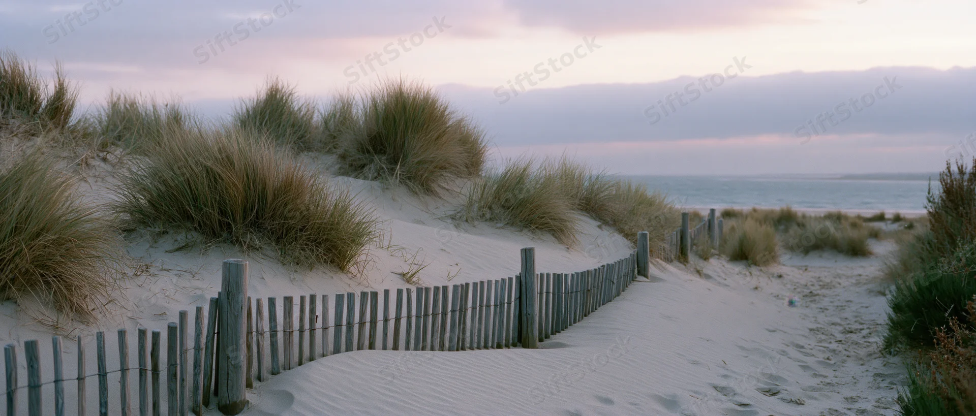 Wooden fence winding through sand dunes with marram grass toward ocean at sunset