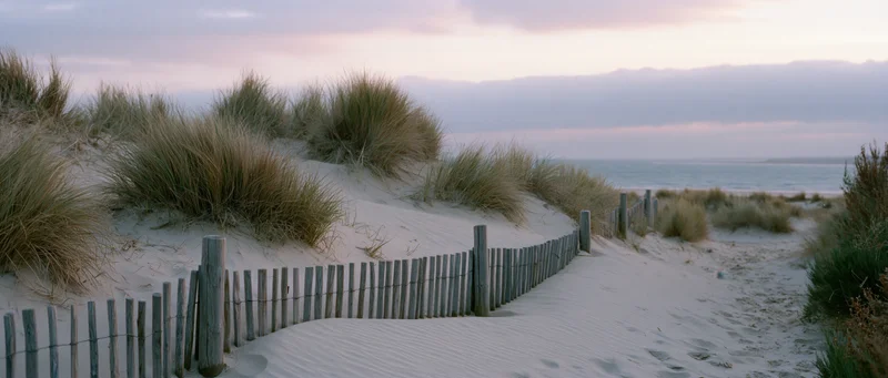 Wooden fence winding through sand dunes with marram grass toward ocean at sunset