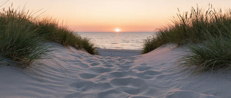 Sandy path between dunes leading to ocean at sunset