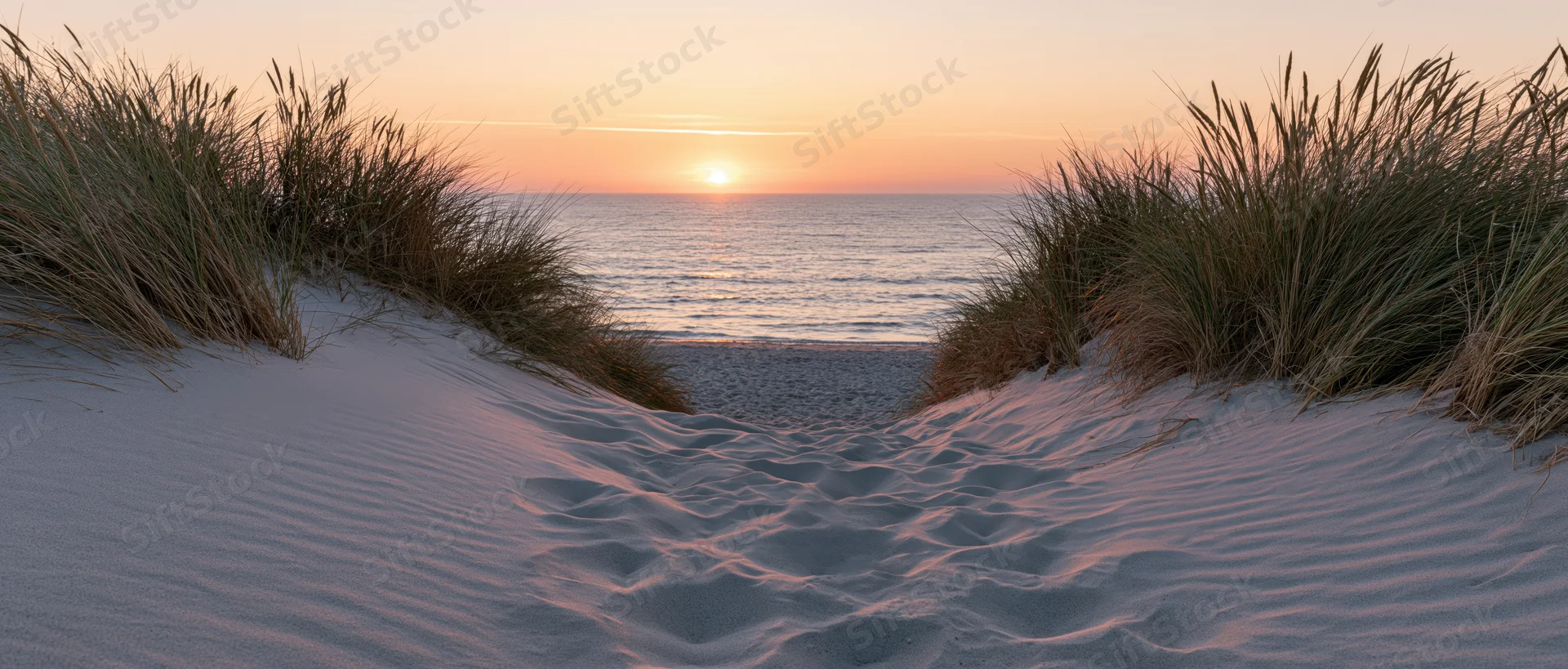 Sandy dune path leading to ocean at sunset