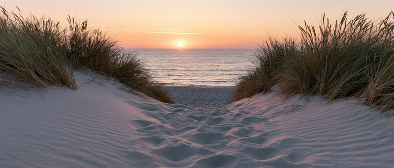 Sandy dune path leading to ocean at sunset
