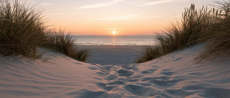 Sandy path between dunes leading to ocean at sunset